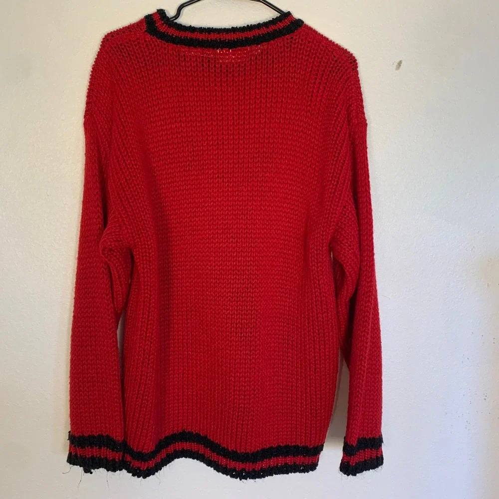 Vintage 1980s Teddy Bear Knit Sweater Hand Knit Red Black Novelty Pullover XL 18 - Picture 13 of 16